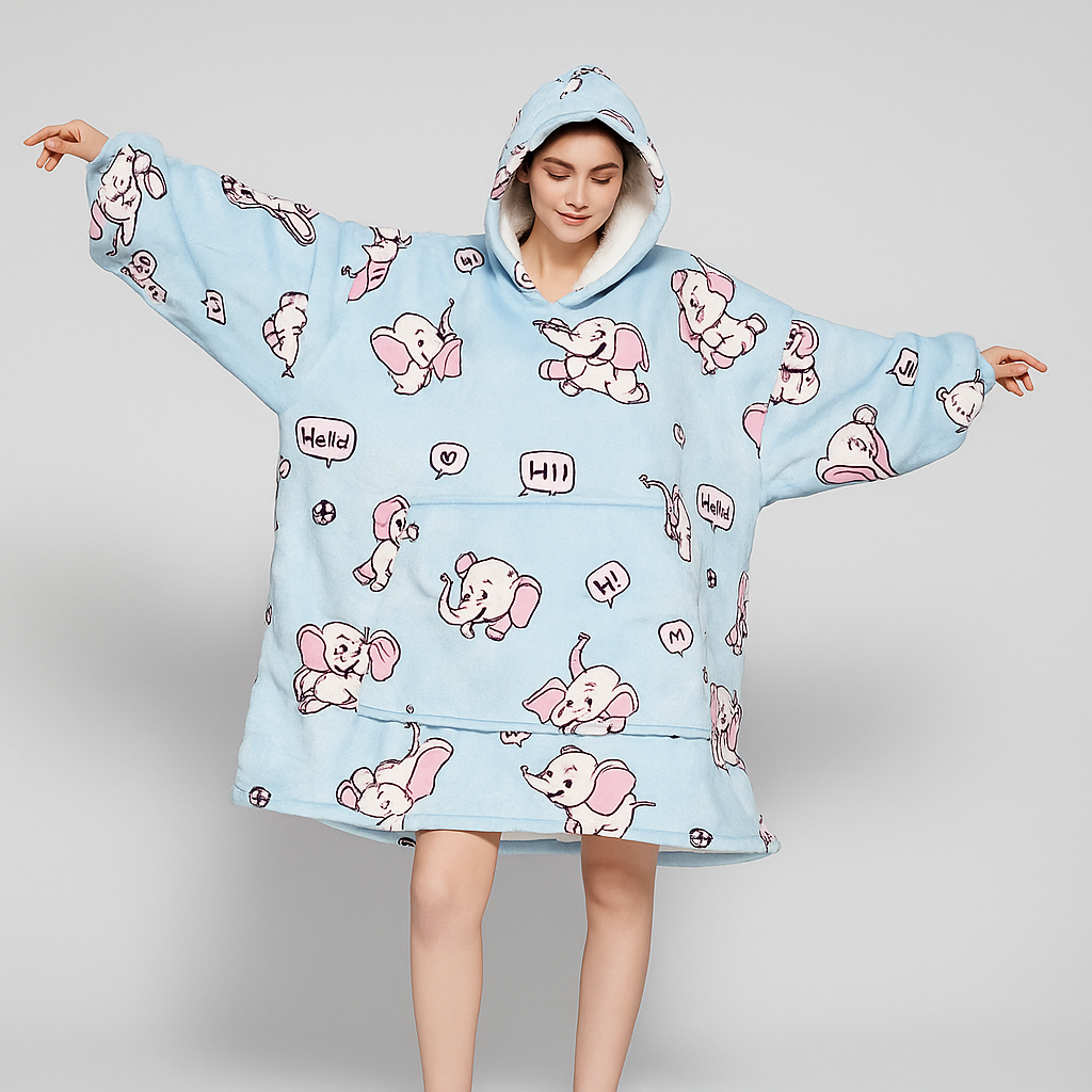 Elephant on Blue ArcticLuxe™ – Premium Heavyweight Wearable Blanket Hoodie