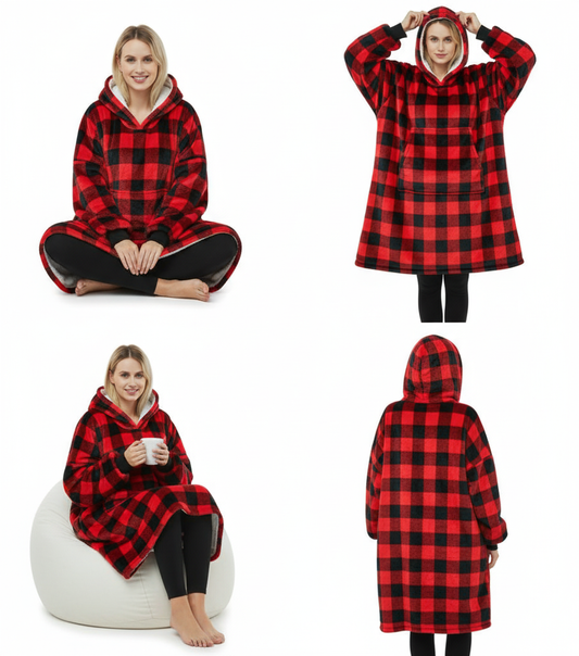 Red & Black ArcticLuxe™ – Premium Heavyweight Wearable Blanket Hoodie